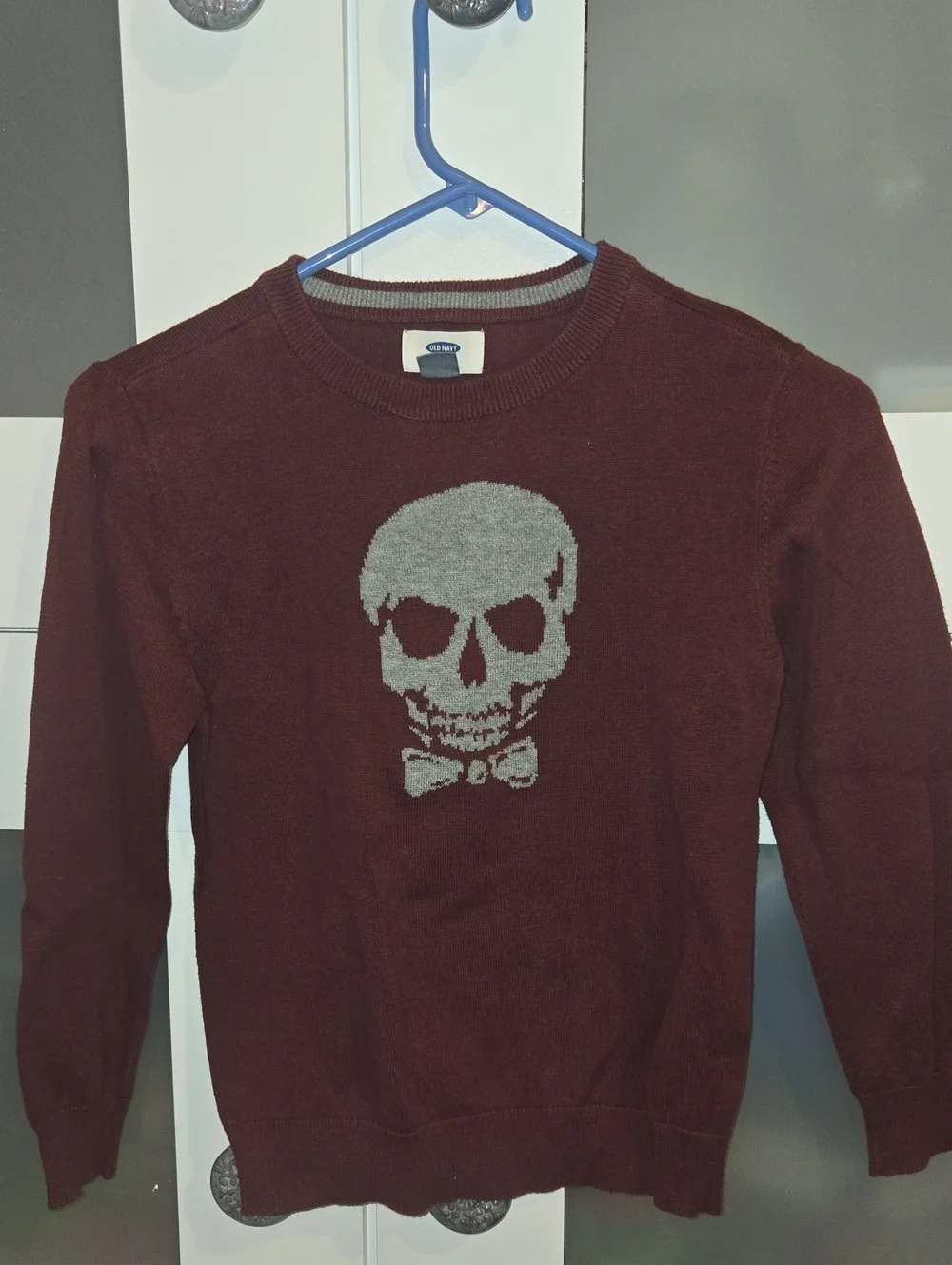 Old Navy Burgundy Crewneck Sweater with Gray Skull
